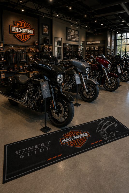 Harley Davidson Street Glide Motorgarage Vloermat 32x87 Inch Premium Showroom Tapijt