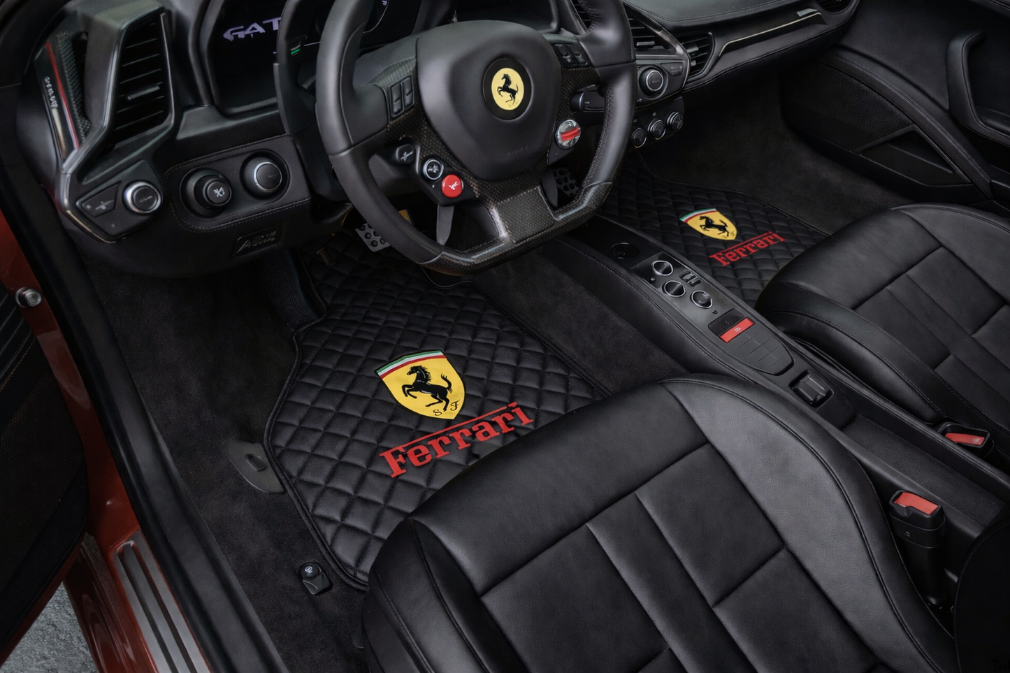 California Leather Floor Mats  Diamond Quilted Design with Prancing Horse Luxury Car Mat