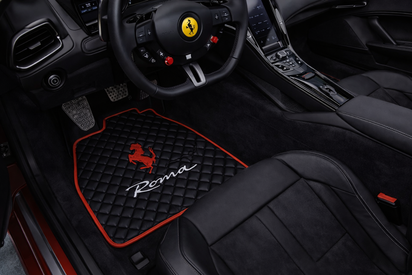 California Leather Floor Mats  Diamond Quilted Design with Prancing Horse Luxury Car Mat