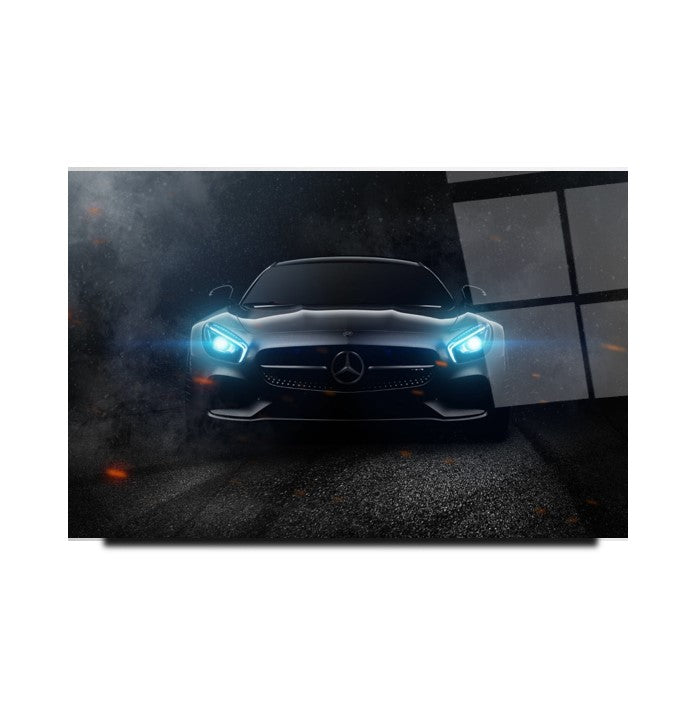 Mercedes-AMG GT Glass Wall Art – Luxury Supercar Tempered Glass Picture with Night Drive Effect for Home & Garage Décor