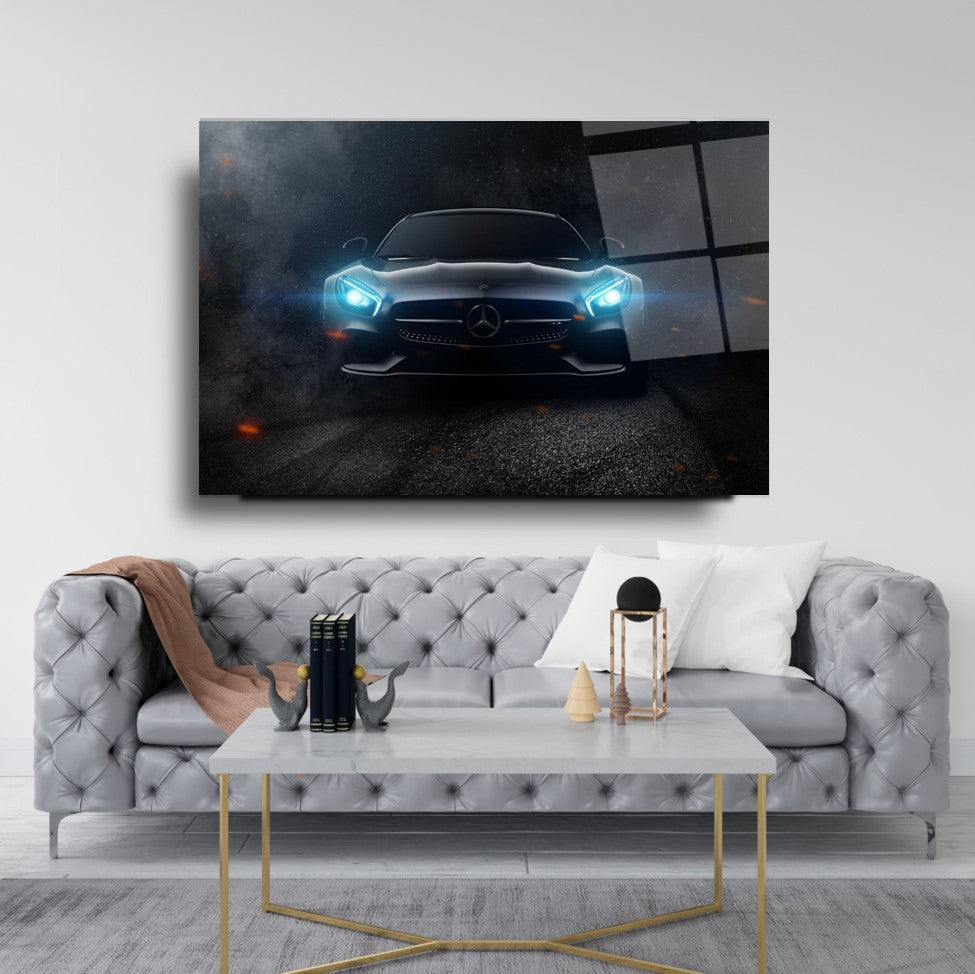 Mercedes-AMG GT Glass Wall Art – Luxury Supercar Tempered Glass Picture with Night Drive Effect for Home & Garage Décor