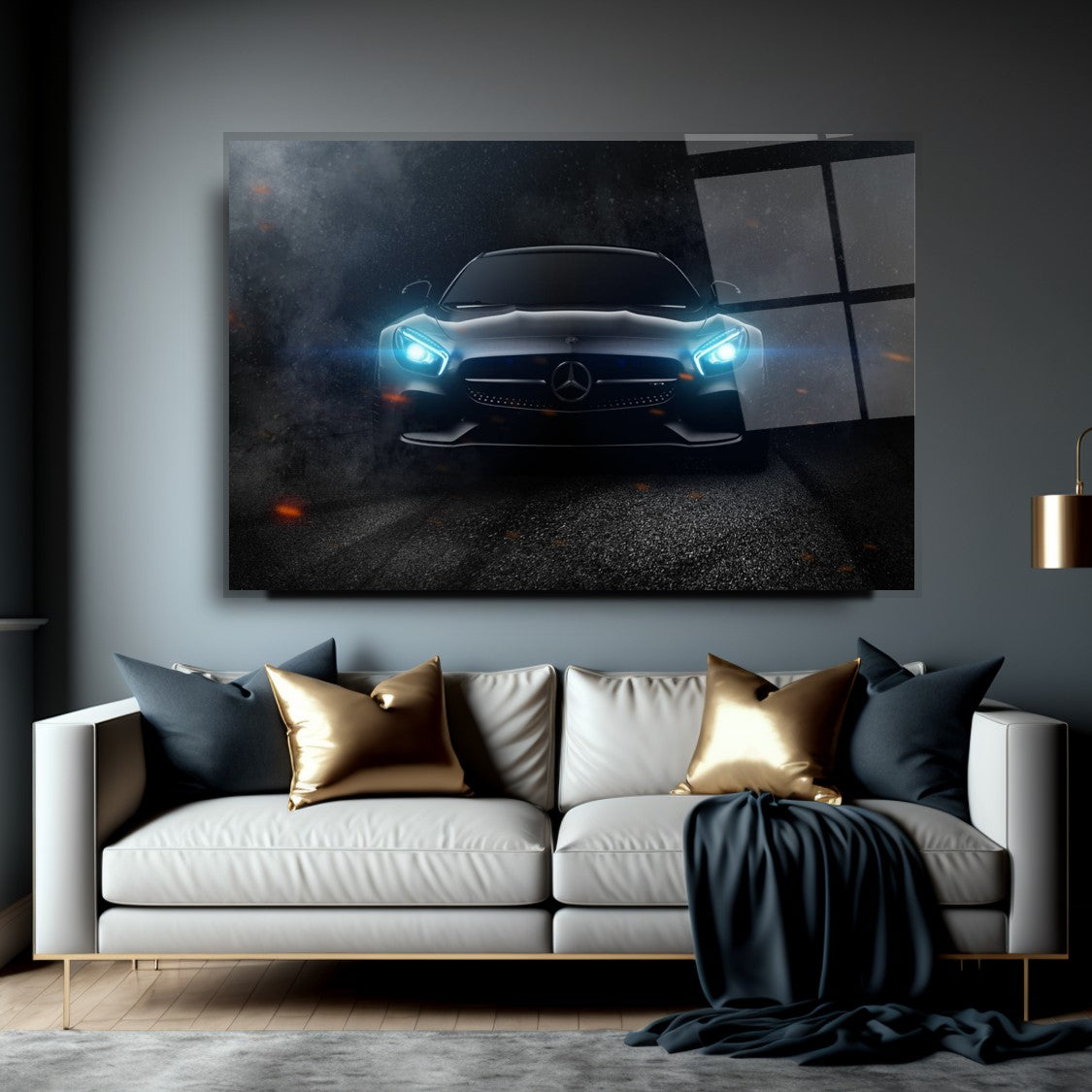 Mercedes-AMG GT Glass Wall Art – Luxury Supercar Tempered Glass Picture with Night Drive Effect for Home & Garage Décor