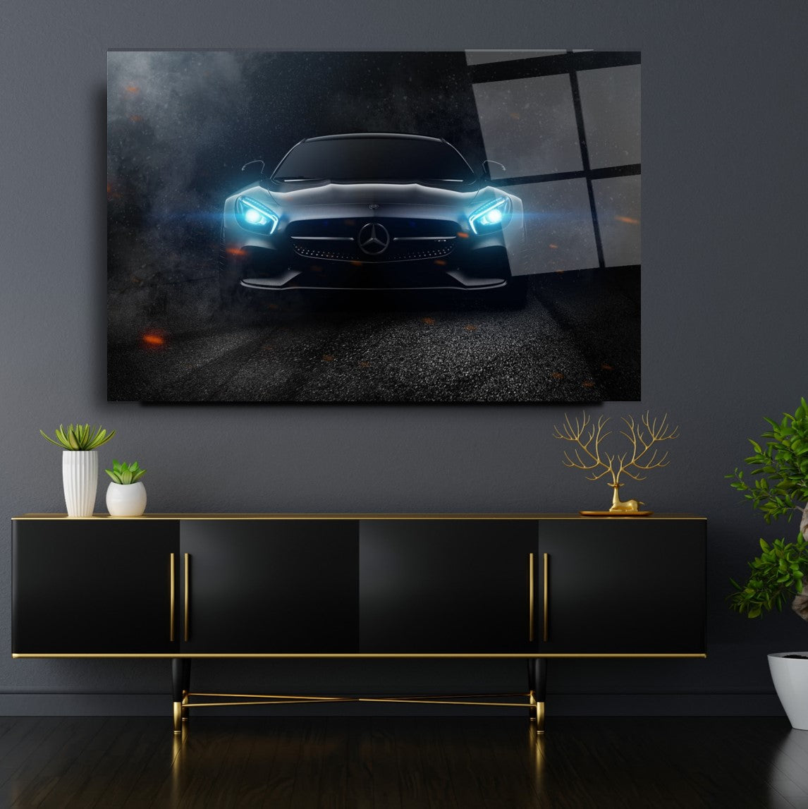 Mercedes-AMG GT Glass Wall Art – Luxury Supercar Tempered Glass Picture with Night Drive Effect for Home & Garage Décor