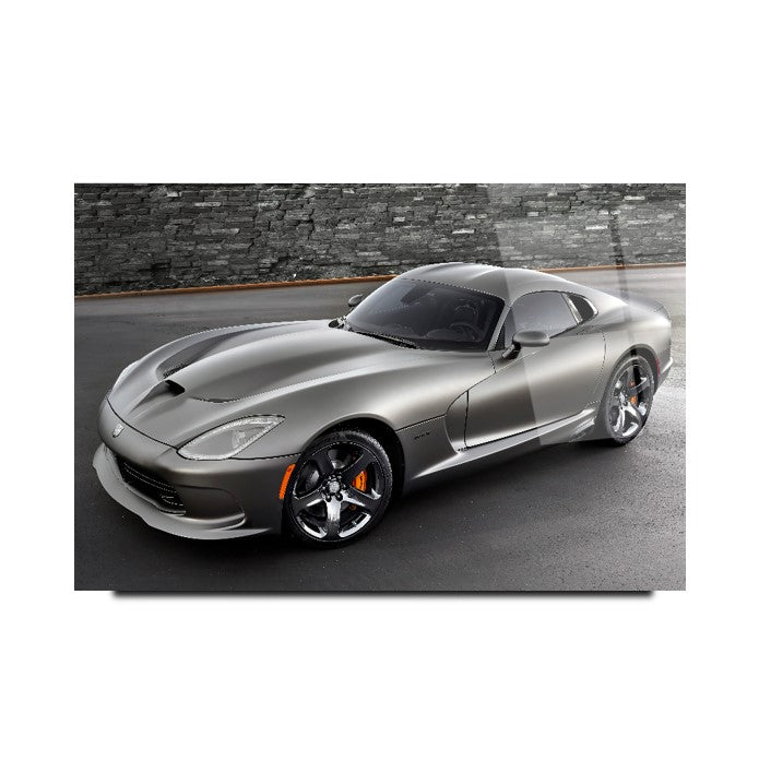 Silver Dodge Viper Glass Wall Art – American Muscle Car Tempered Glass Picture for Modern Home & Garage Décor