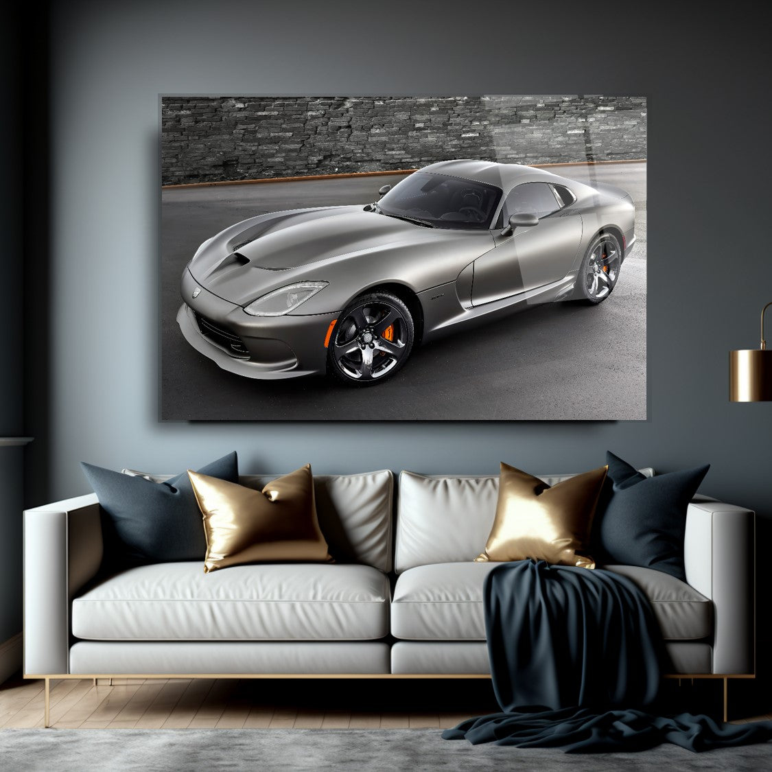 Silver Dodge Viper Glass Wall Art – American Muscle Car Tempered Glass Picture for Modern Home & Garage Décor