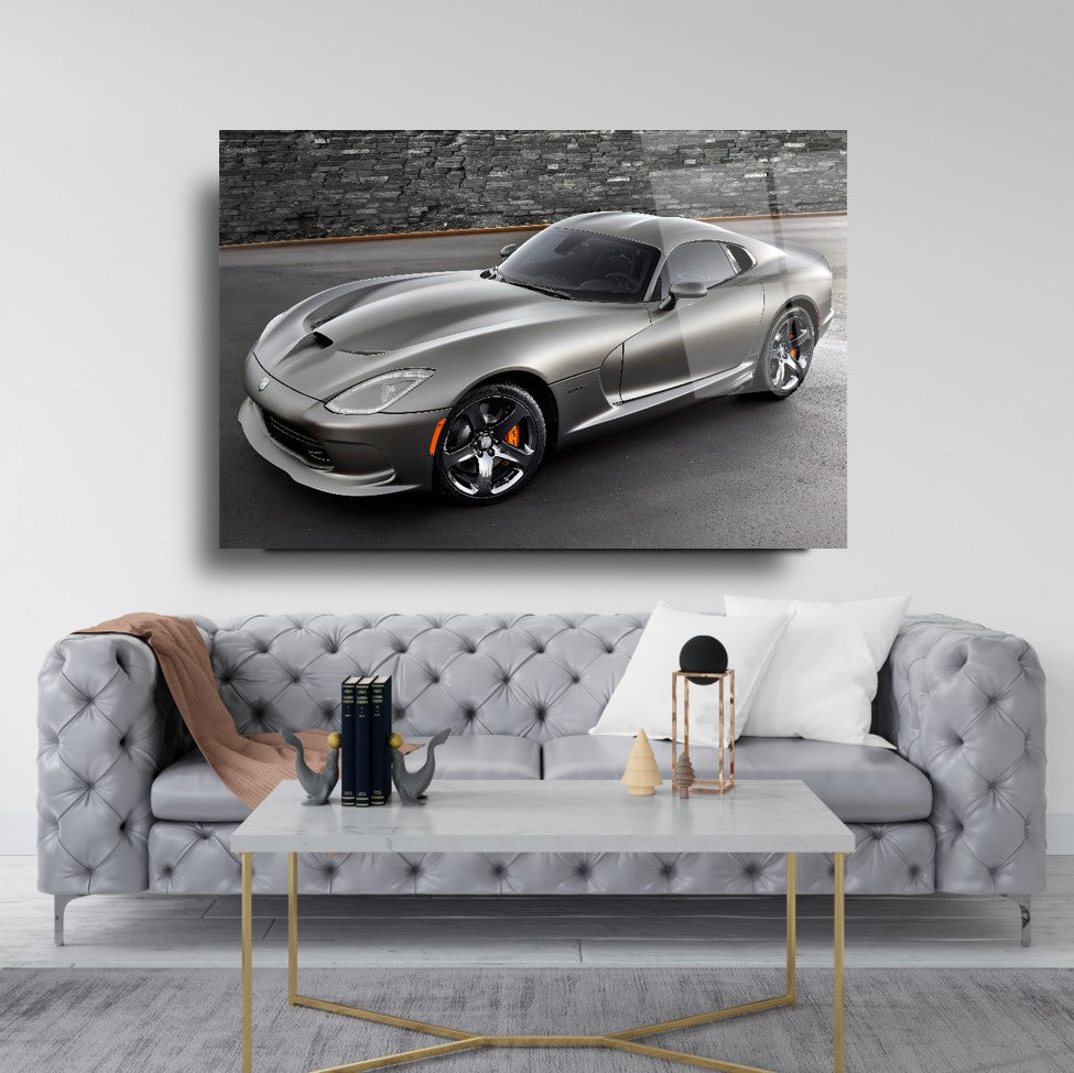 Silver Dodge Viper Glass Wall Art – American Muscle Car Tempered Glass Picture for Modern Home & Garage Décor