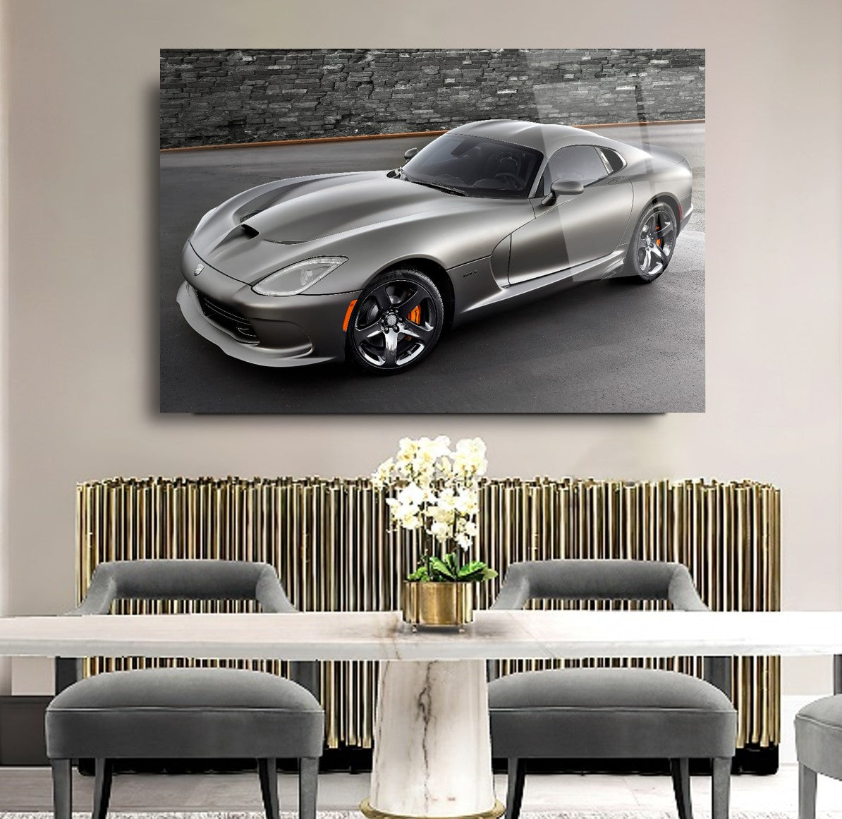 Silver Dodge Viper Glass Wall Art – American Muscle Car Tempered Glass Picture for Modern Home & Garage Décor