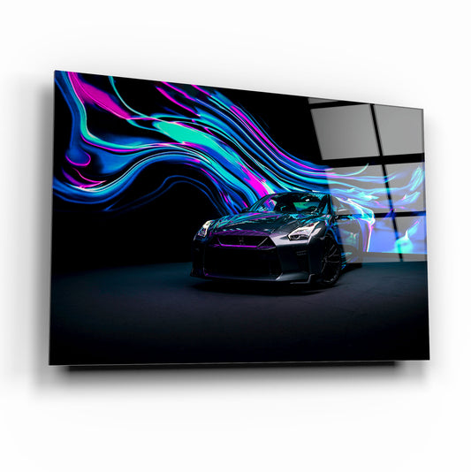 Nissan GT-R Glass Wall Art – Modern Supercar Tempered Glass Picture with Neon Light Design for Home & Garage Décor