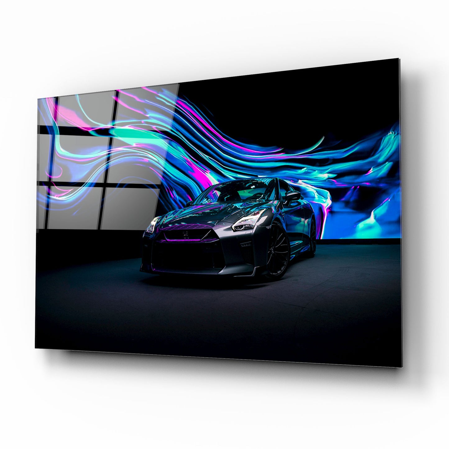 Nissan GT-R Glass Wall Art – Modern Supercar Tempered Glass Picture with Neon Light Design for Home & Garage Décor