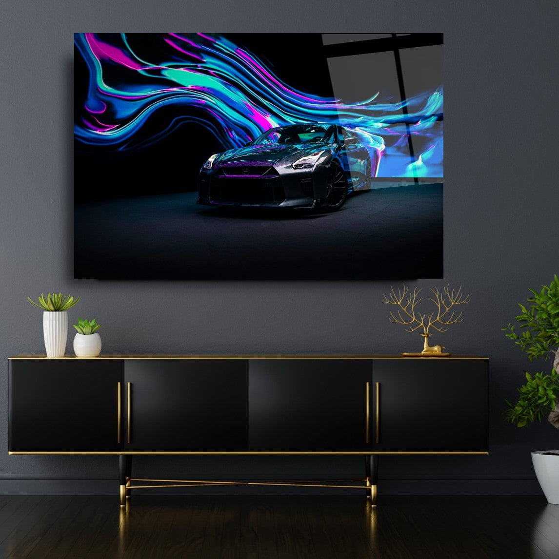 Nissan GT-R Glass Wall Art – Modern Supercar Tempered Glass Picture with Neon Light Design for Home & Garage Décor