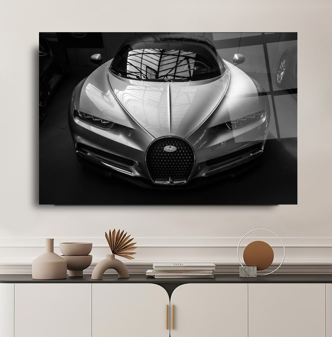 Silver Bugatti Chiron Glass Wall Art – Luxury Supercar Tempered Glass Picture for Modern Home & Garage Décor