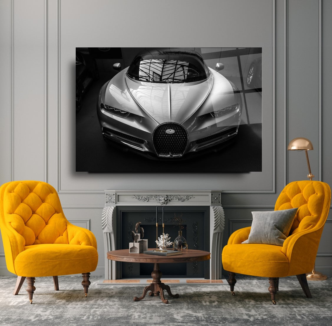 Silver Bugatti Chiron Glass Wall Art – Luxury Supercar Tempered Glass Picture for Modern Home & Garage Décor