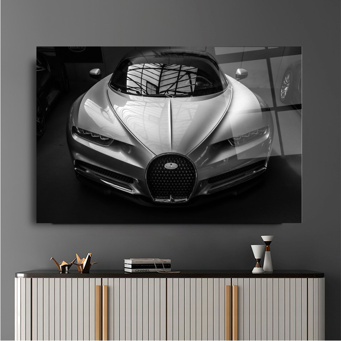 Silver Bugatti Chiron Glass Wall Art – Luxury Supercar Tempered Glass Picture for Modern Home & Garage Décor