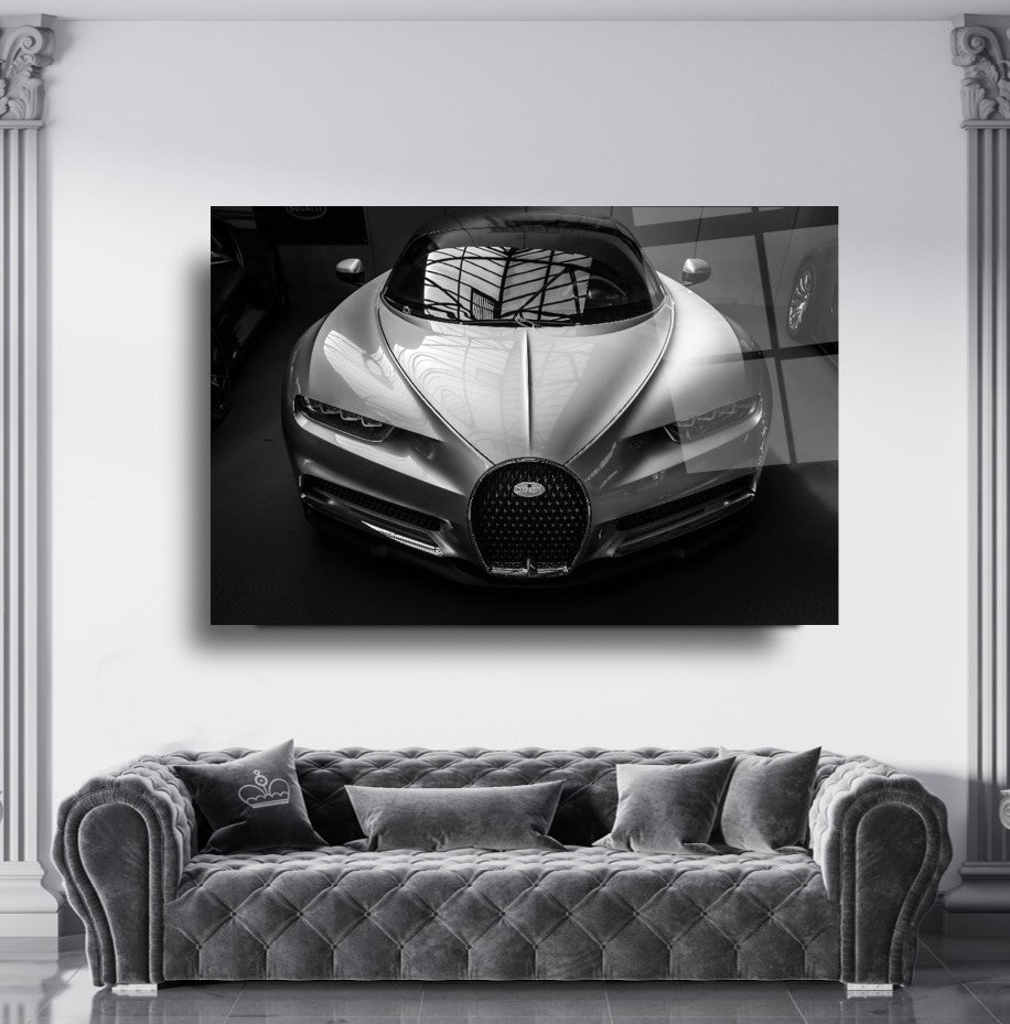 Silver Bugatti Chiron Glass Wall Art – Luxury Supercar Tempered Glass Picture for Modern Home & Garage Décor