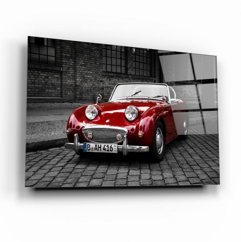 Red Austin-Healey Sprite Classic Car Glass Wall Art – Vintage Roadster Tempered Glass Picture for Retro Home & Garage Déco