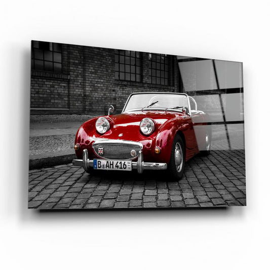 Red Austin-Healey Sprite Classic Car Glass Wall Art – Vintage Roadster Tempered Glass Picture for Retro Home & Garage Déco
