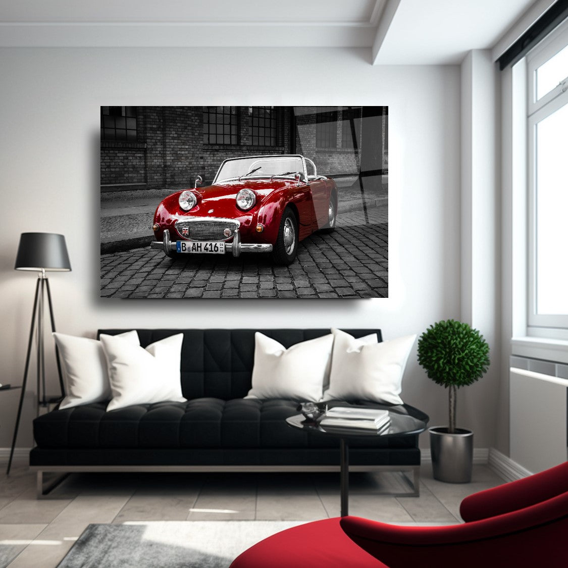 Red Austin-Healey Sprite Classic Car Glass Wall Art – Vintage Roadster Tempered Glass Picture for Retro Home & Garage Déco