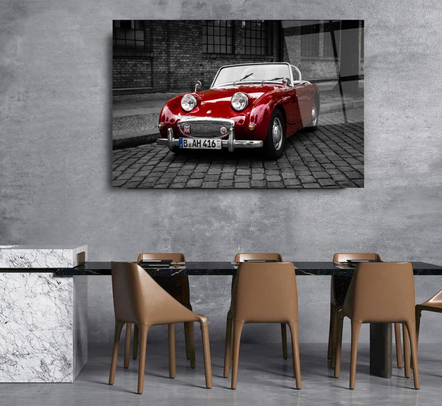 Red Austin-Healey Sprite Classic Car Glass Wall Art – Vintage Roadster Tempered Glass Picture for Retro Home & Garage Déco