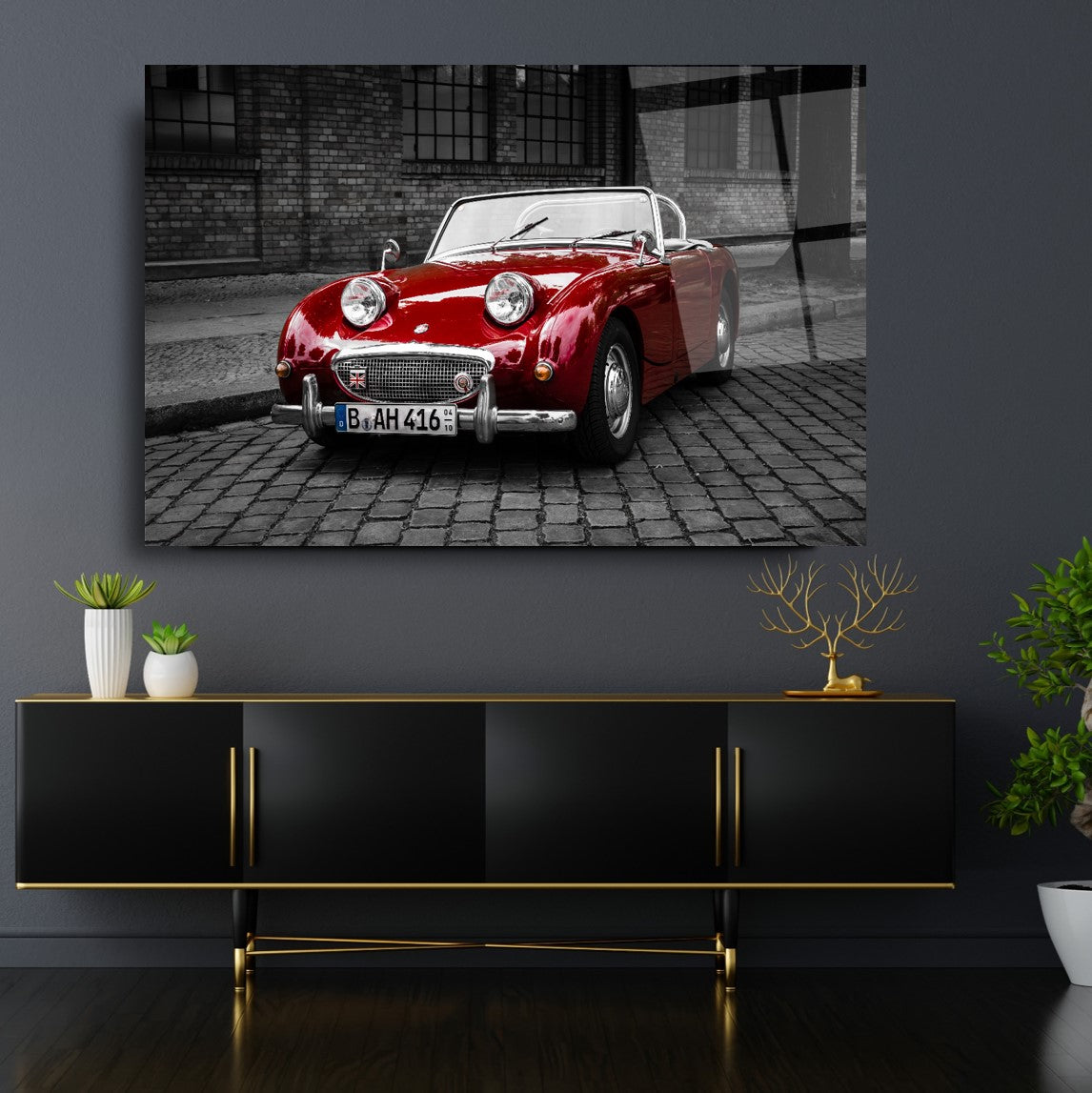 Red Austin-Healey Sprite Classic Car Glass Wall Art – Vintage Roadster Tempered Glass Picture for Retro Home & Garage Déco