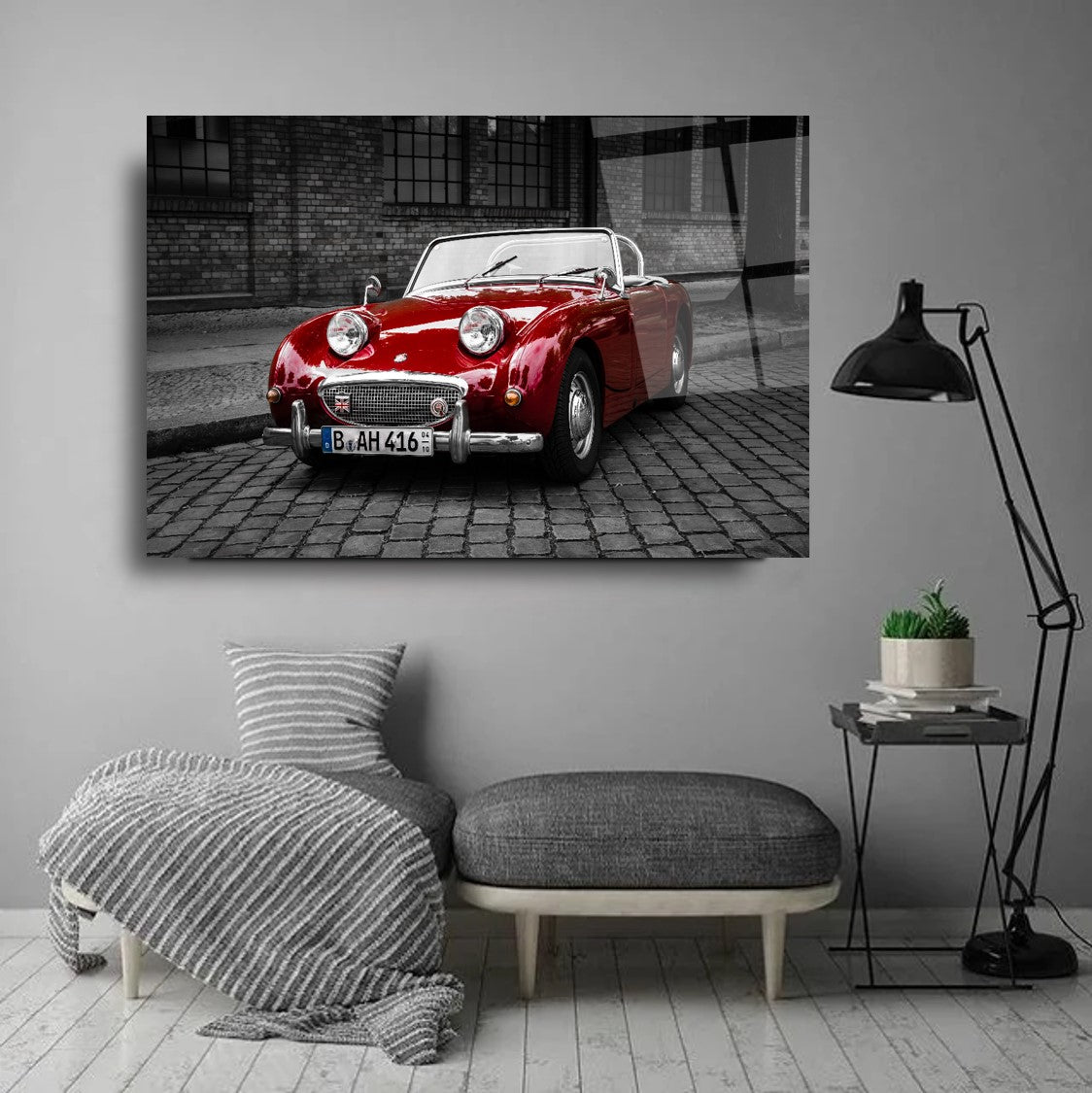 Red Austin-Healey Sprite Classic Car Glass Wall Art – Vintage Roadster Tempered Glass Picture for Retro Home & Garage Déco