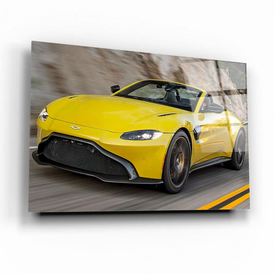 Yellow Aston Martin Vantage Roadster Glass Wall Art – Luxury Sports Car Tempered Glass Picture for Home & Garage Décor