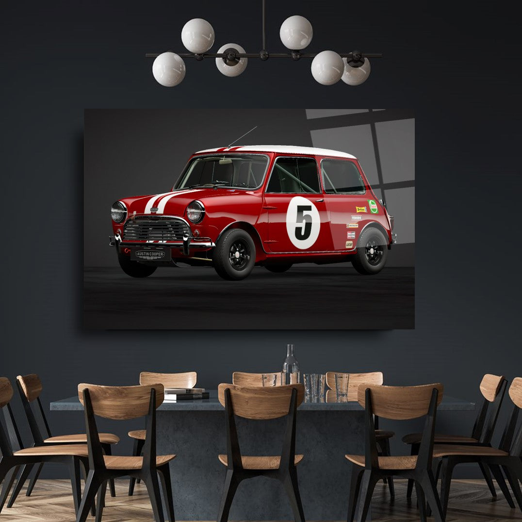 Classic Mini Cooper Racing Car Glass Wall Art – Premium Tempered Glass Picture for Vintage Auto & Garage Décor