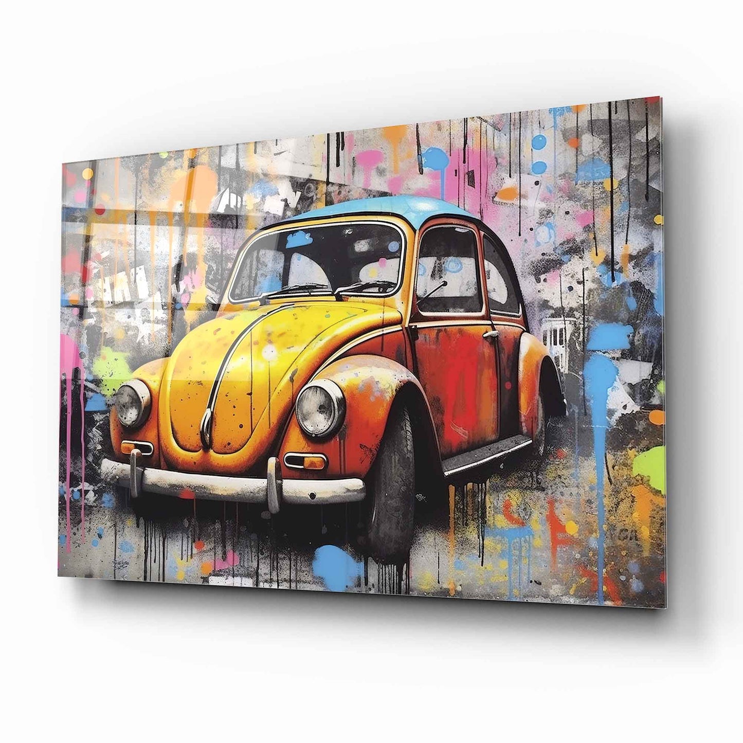 Colorful VW Beetle Glass Wall Art – Retro Classic Car Tempered Glass Picture with Street Art Graffiti Design