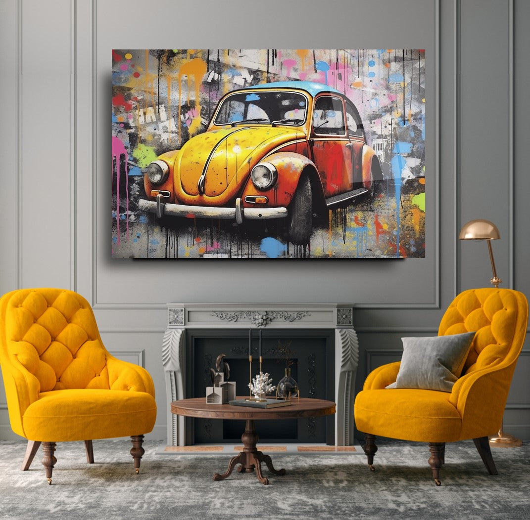 Colorful VW Beetle Glass Wall Art – Retro Classic Car Tempered Glass Picture with Street Art Graffiti Design