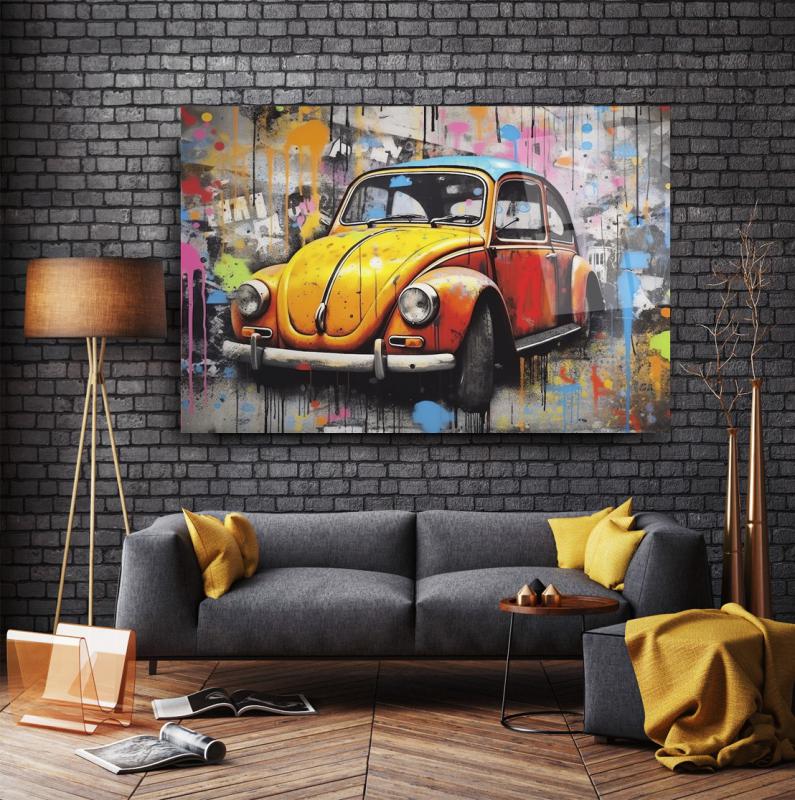 Colorful VW Beetle Glass Wall Art – Retro Classic Car Tempered Glass Picture with Street Art Graffiti Design