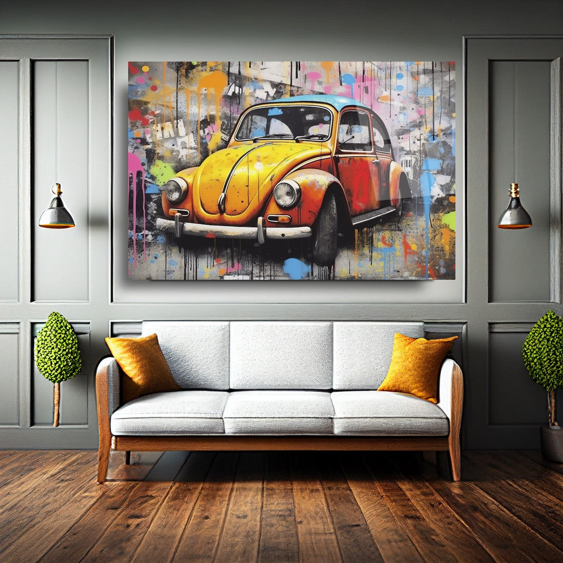 Colorful VW Beetle Glass Wall Art – Retro Classic Car Tempered Glass Picture with Street Art Graffiti Design