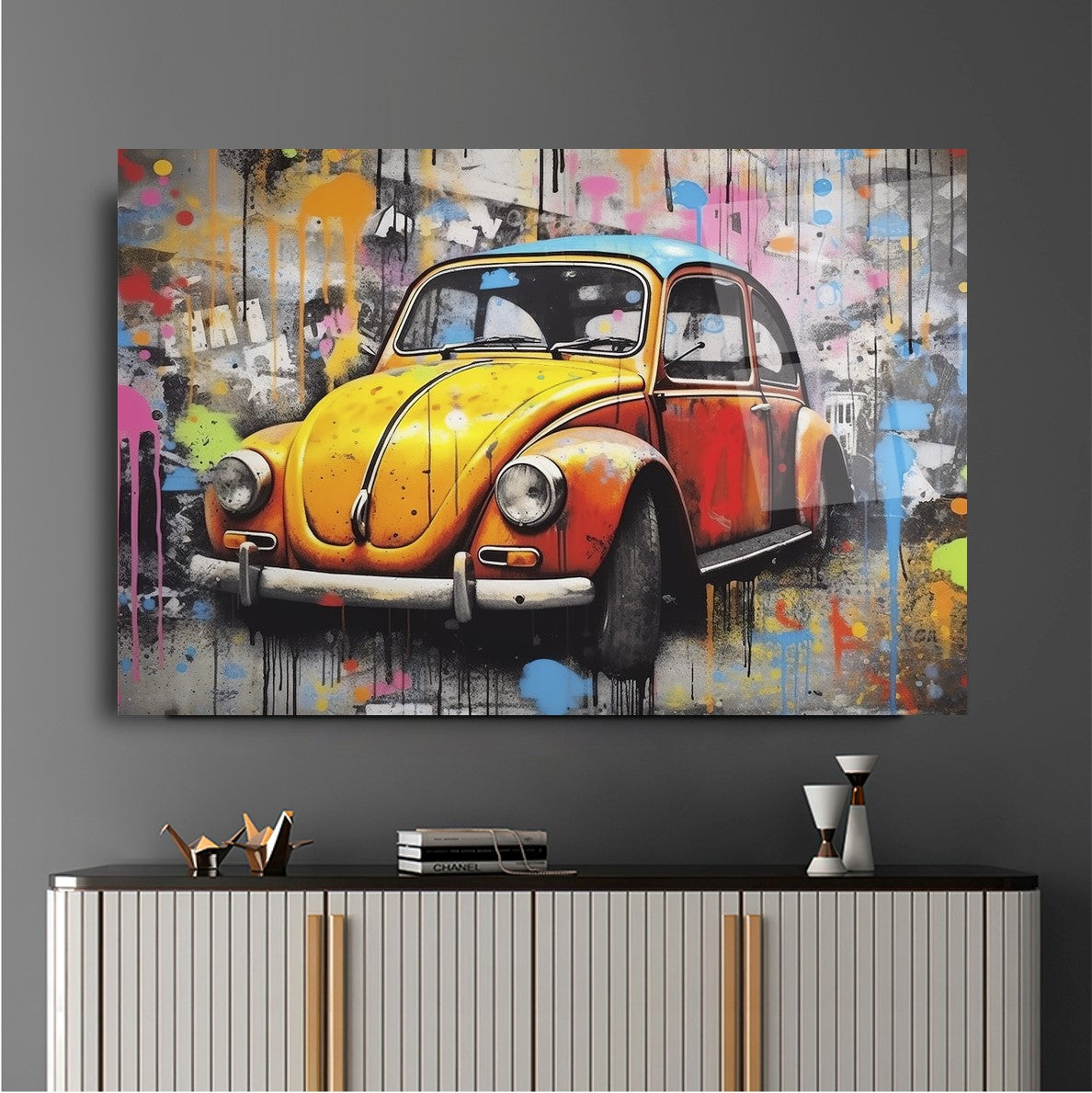 Colorful VW Beetle Glass Wall Art – Retro Classic Car Tempered Glass Picture with Street Art Graffiti Design