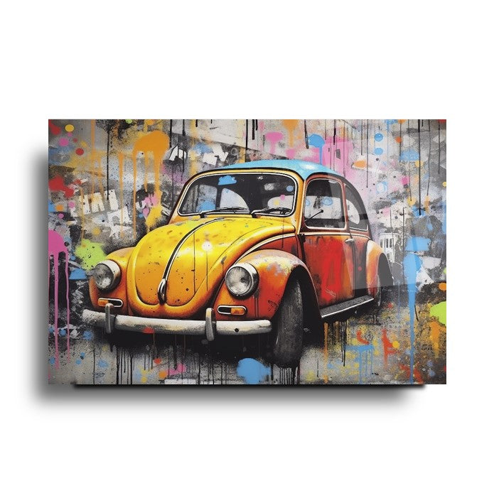 Colorful VW Beetle Glass Wall Art – Retro Classic Car Tempered Glass Picture with Street Art Graffiti Design