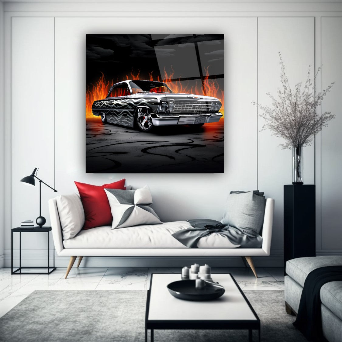 Chevrolet Impala Hot Rod Glass Wall Art – Custom Classic Car Tempered Glass Picture with Flame Design