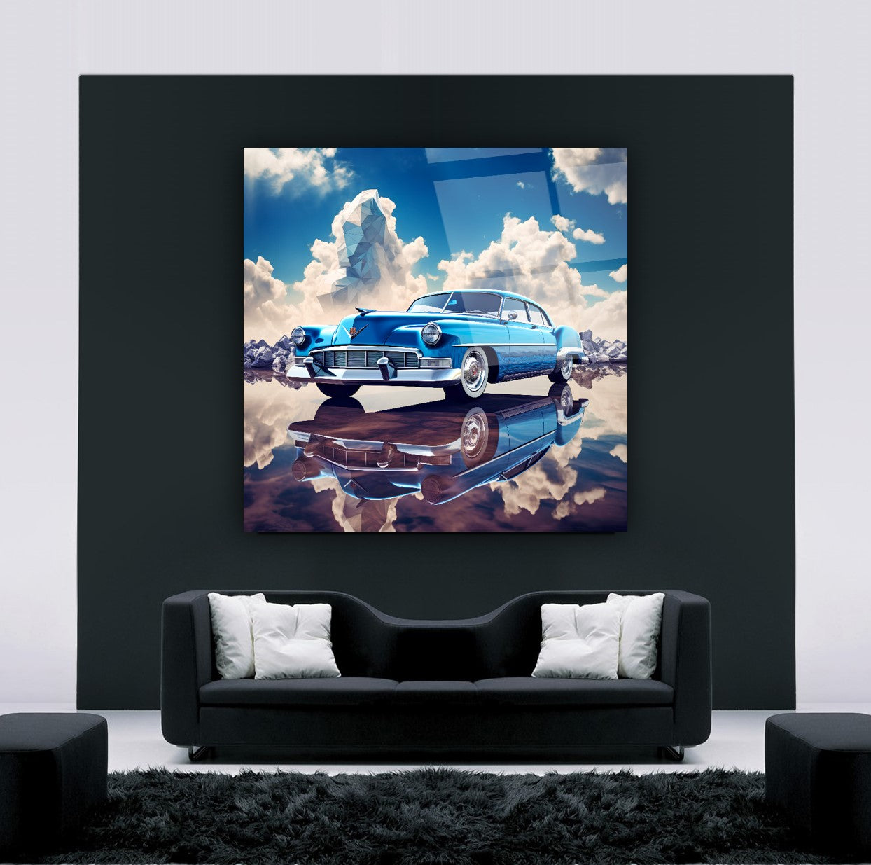 Blue Classic Cadillac Glass Wall Art – Vintage American Car Tempered Glass Picture with Sky Reflection Design