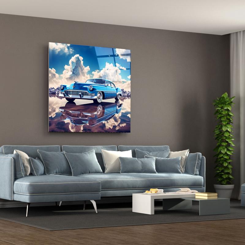 Blue Classic Cadillac Glass Wall Art – Vintage American Car Tempered Glass Picture with Sky Reflection Design