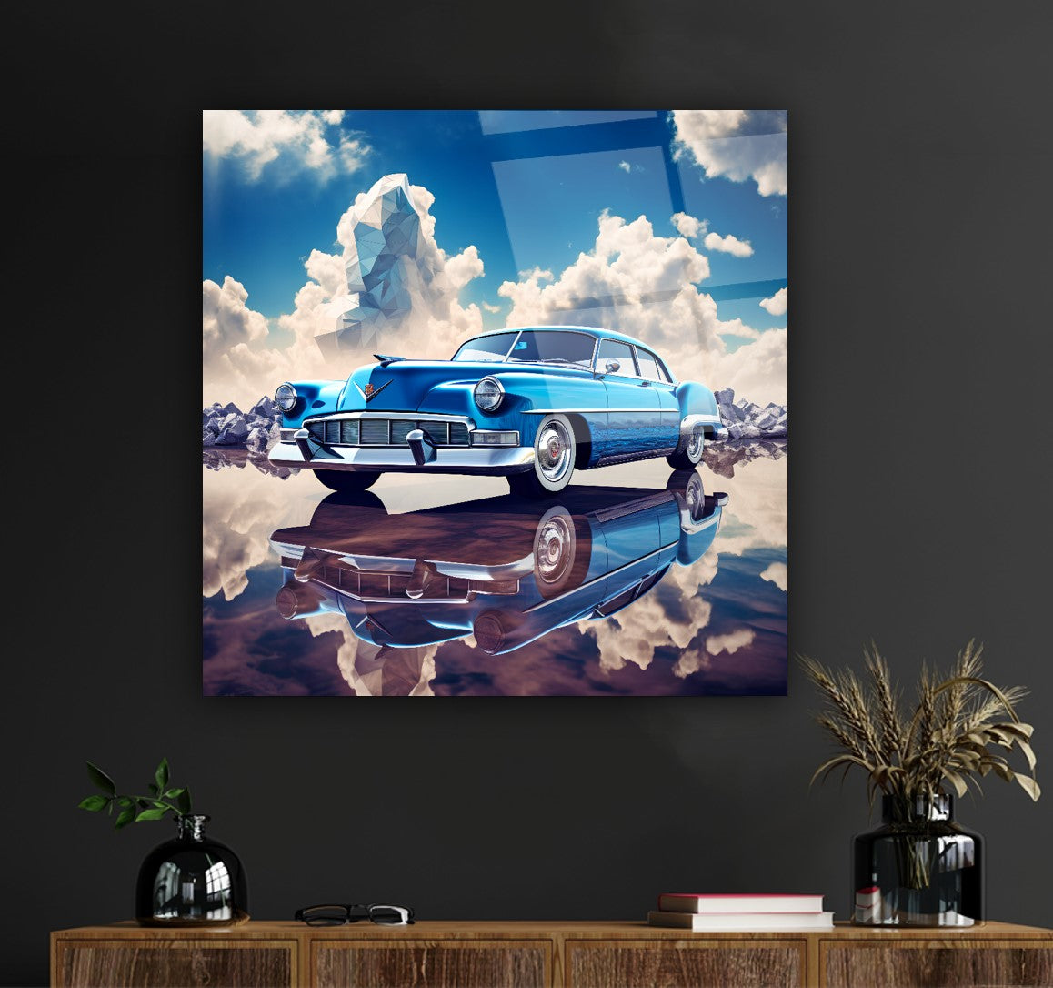 Blue Classic Cadillac Glass Wall Art – Vintage American Car Tempered Glass Picture with Sky Reflection Design