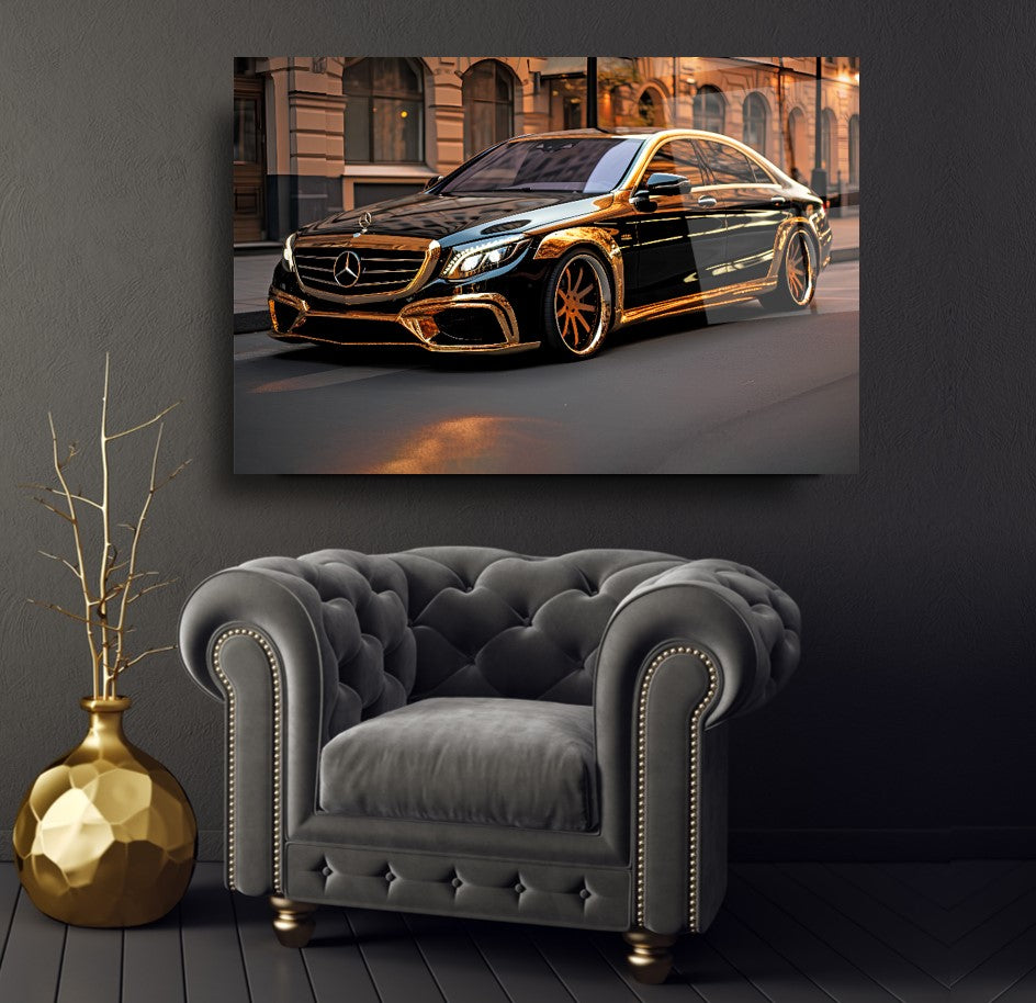 Luxury Mercedes-Benz AMG Glass Wall Art – Golden Black Supercar Tempered Glass Picture for Modern Home & Garage Décor