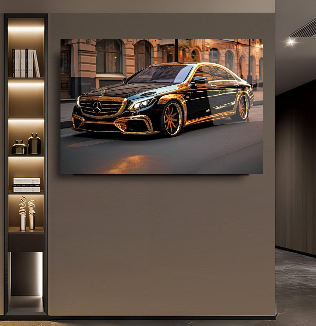 Luxury Mercedes-Benz AMG Glass Wall Art – Golden Black Supercar Tempered Glass Picture for Modern Home & Garage Décor