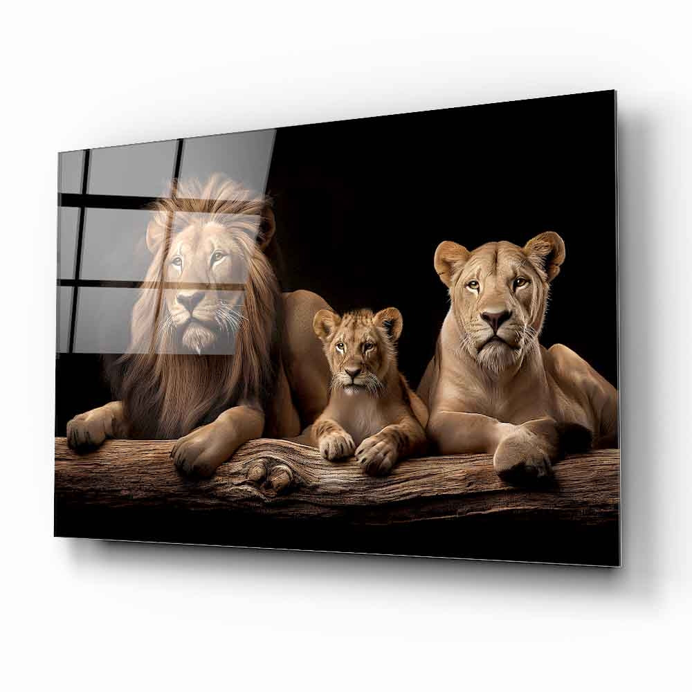 Lion Family Glass Wall Art – Majestic Wildlife Tempered Glass Picture for Modern Home & Living Room Décor