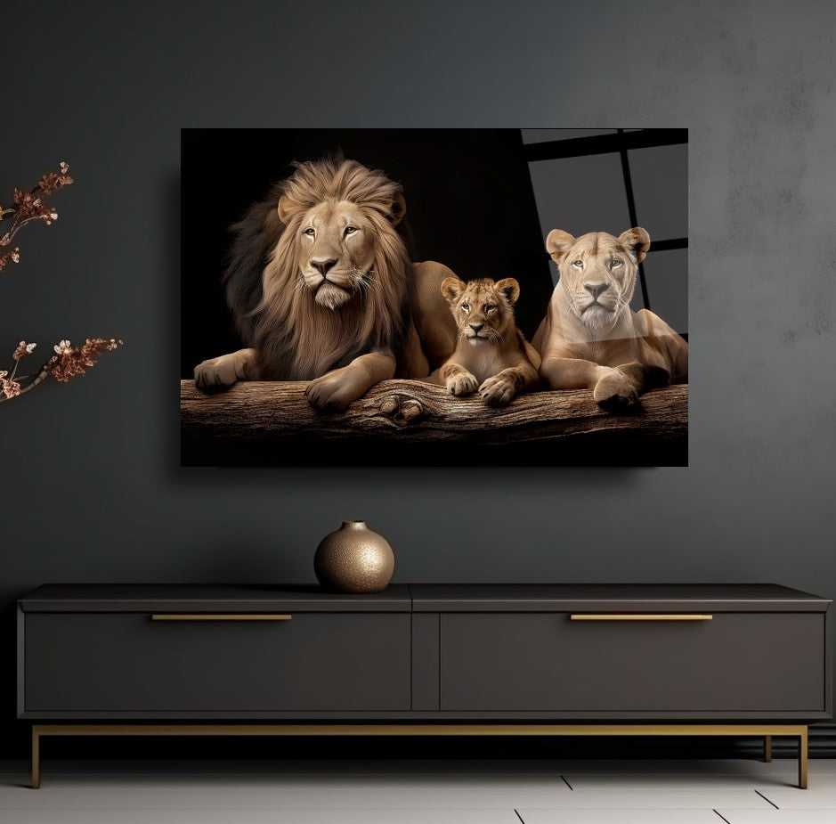 Lion Family Glass Wall Art – Majestic Wildlife Tempered Glass Picture for Modern Home & Living Room Décor