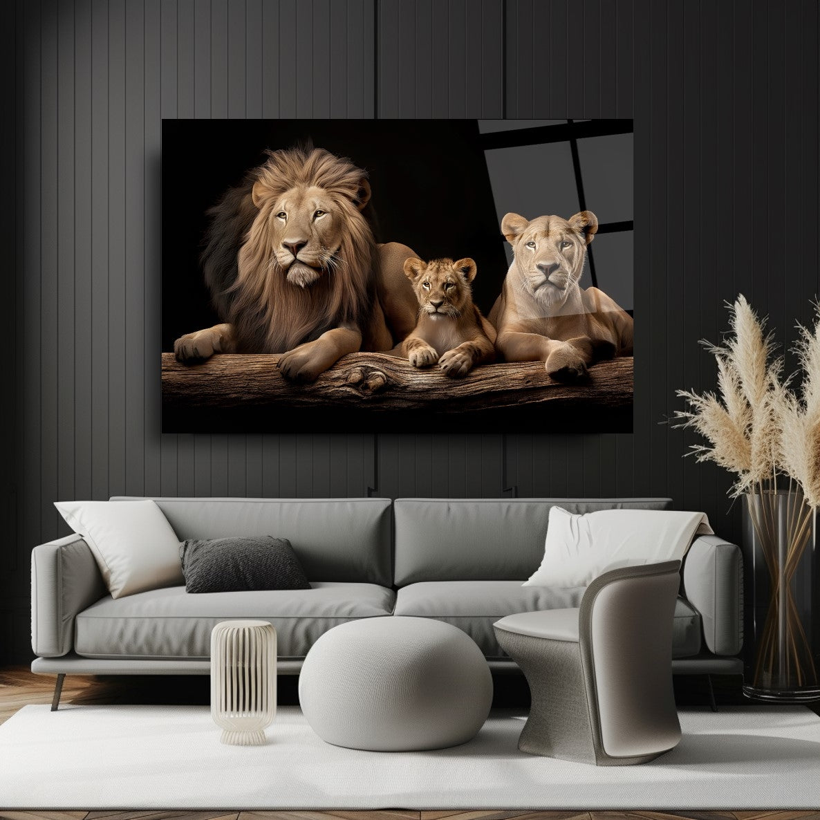 Lion Family Glass Wall Art – Majestic Wildlife Tempered Glass Picture for Modern Home & Living Room Décor