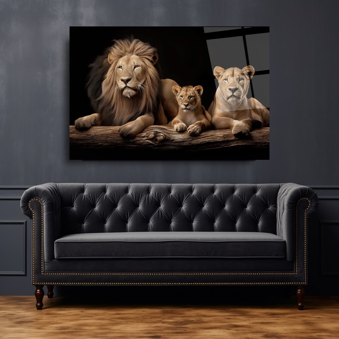 Lion Family Glass Wall Art – Majestic Wildlife Tempered Glass Picture for Modern Home & Living Room Décor