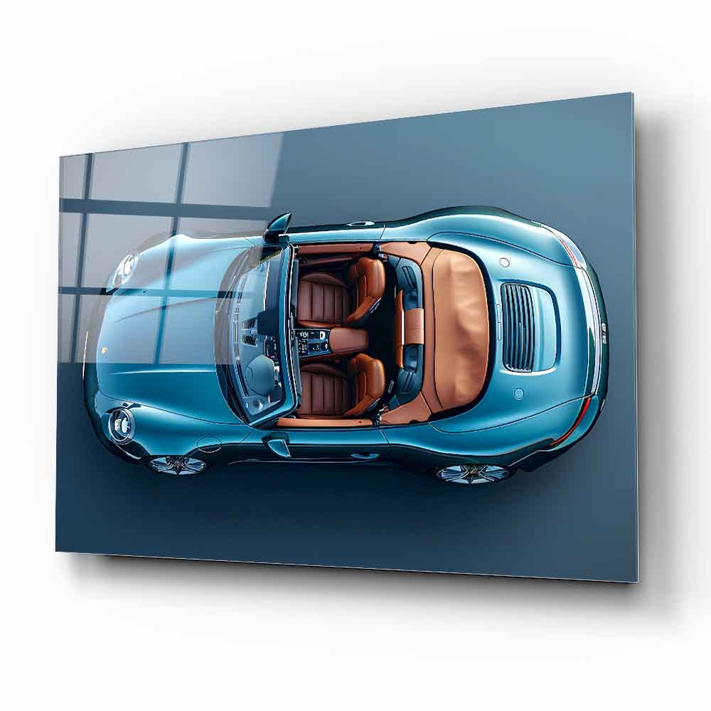 Blue Cabriolet Glass Wall Art – Luxury Sports Car Tempered Glass Picture with Top View Design