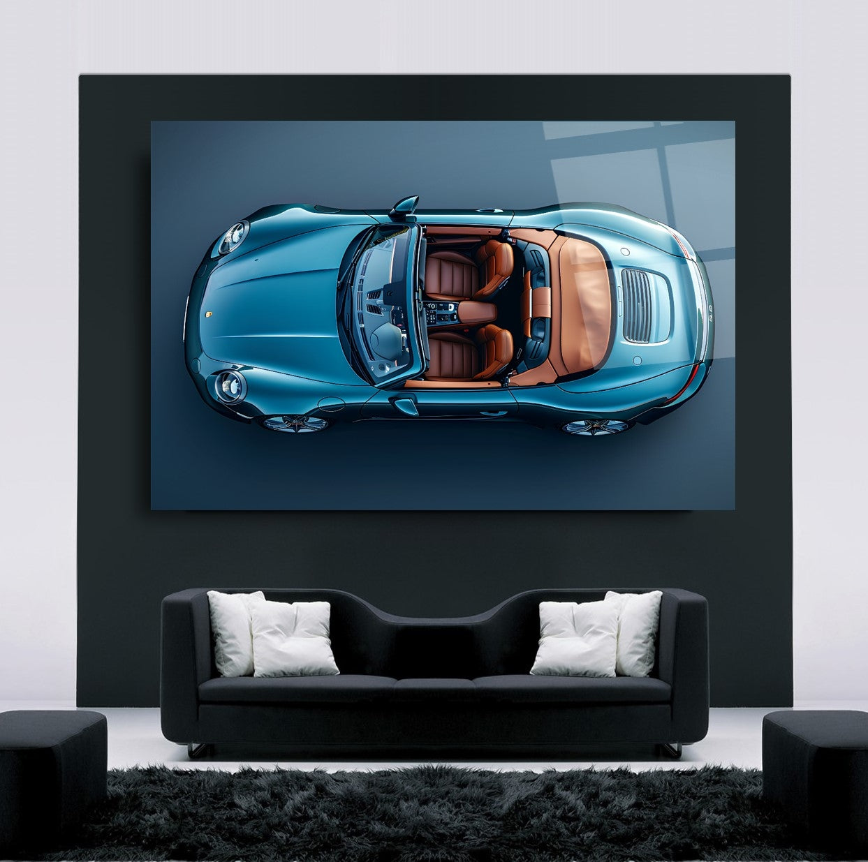 Blue Cabriolet Glass Wall Art – Luxury Sports Car Tempered Glass Picture with Top View Design