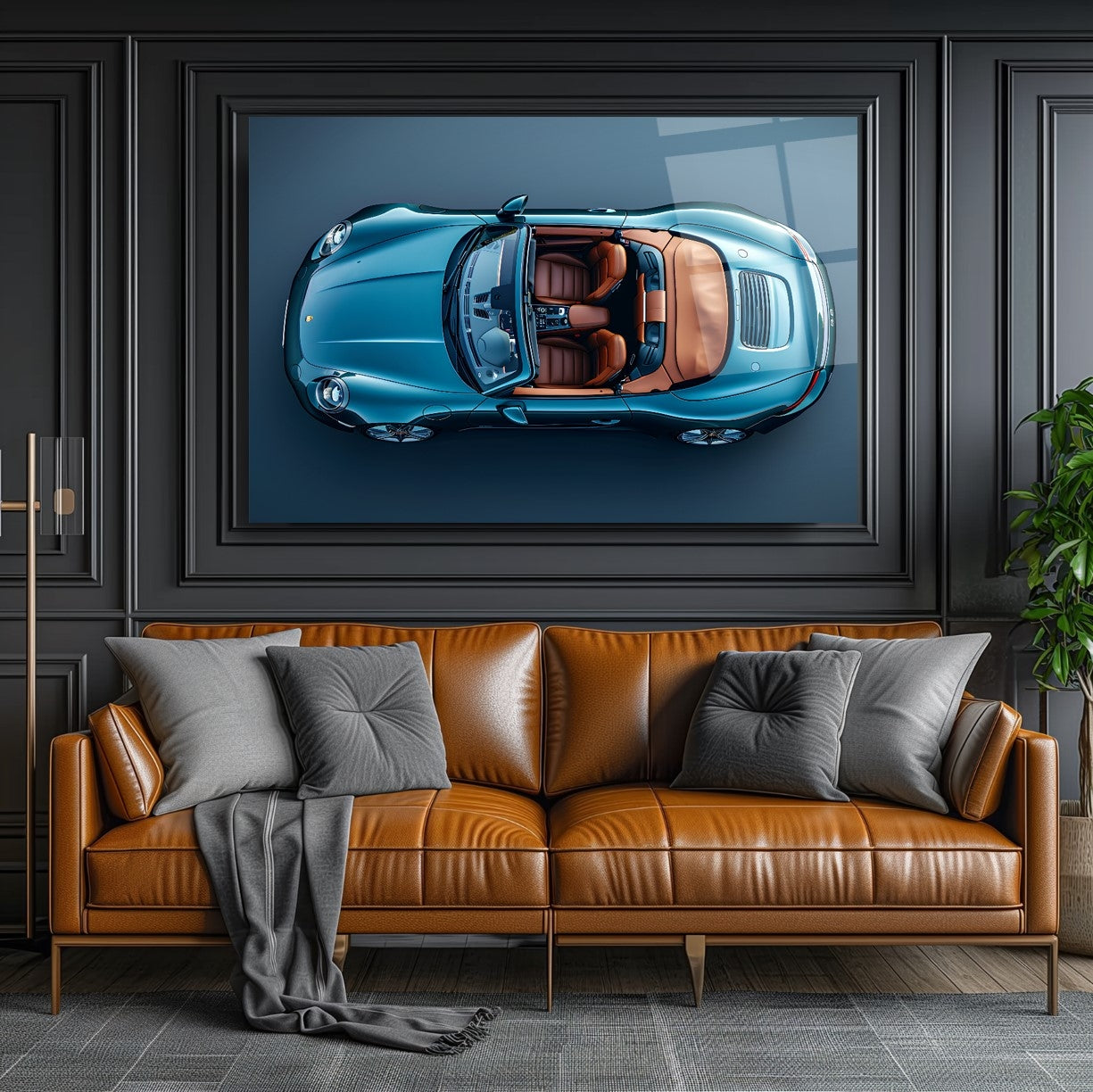 Blue Cabriolet Glass Wall Art – Luxury Sports Car Tempered Glass Picture with Top View Design