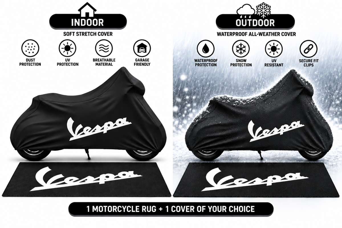 Vespa Motorcycle Cover & Garage Rug Bundle – Custom Fit Indoor or Waterproof Outdoor Cover