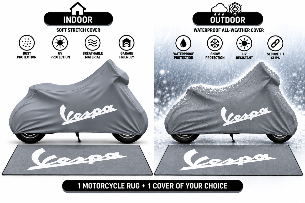 Vespa Motorcycle Cover & Garage Rug Bundle – Custom Fit Indoor or Waterproof Outdoor Cover